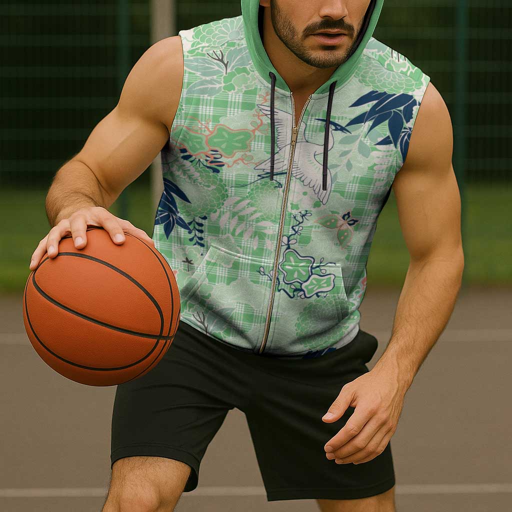 Green Palaka Crane and Flowers Sleeveless Zip Hoodie Japan Heritage Spirit - Polynesian Pride