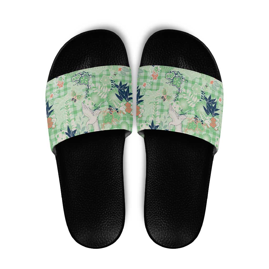 Green Palaka Crane and Flowers Slide Sandals Japan Heritage Spirit LT9 Green - Polynesian Pride