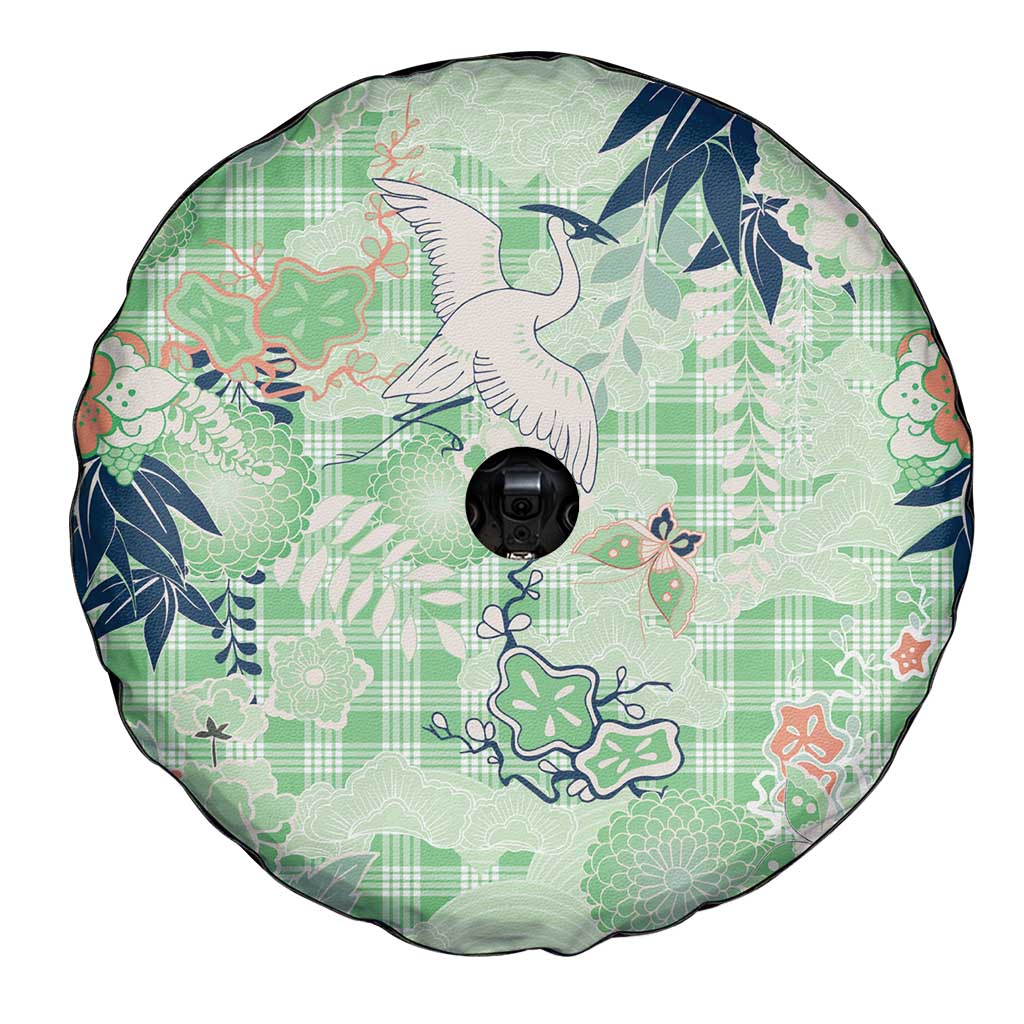 Green Palaka Crane and Flowers Spare Tire Cover Japan Heritage Spirit - Polynesian Pride