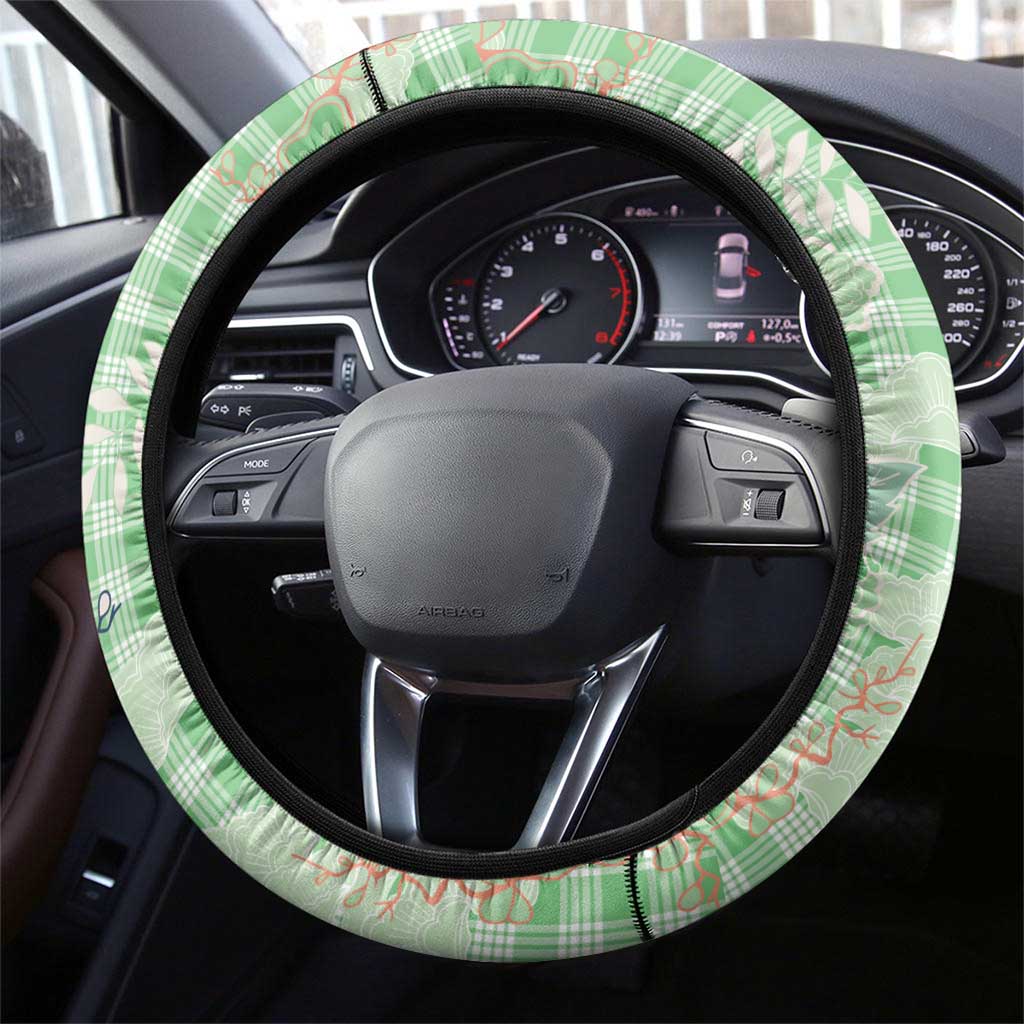 Green Palaka Crane and Flowers Steering Wheel Cover Japan Heritage Spirit - Polynesian Pride