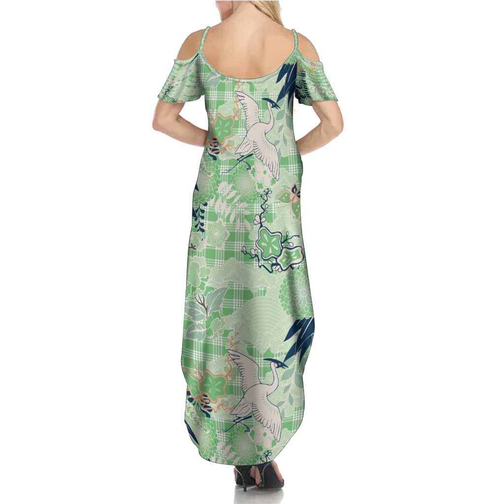 Green Palaka Crane and Flowers Summer Maxi Dress Japan Heritage Spirit - Polynesian Pride