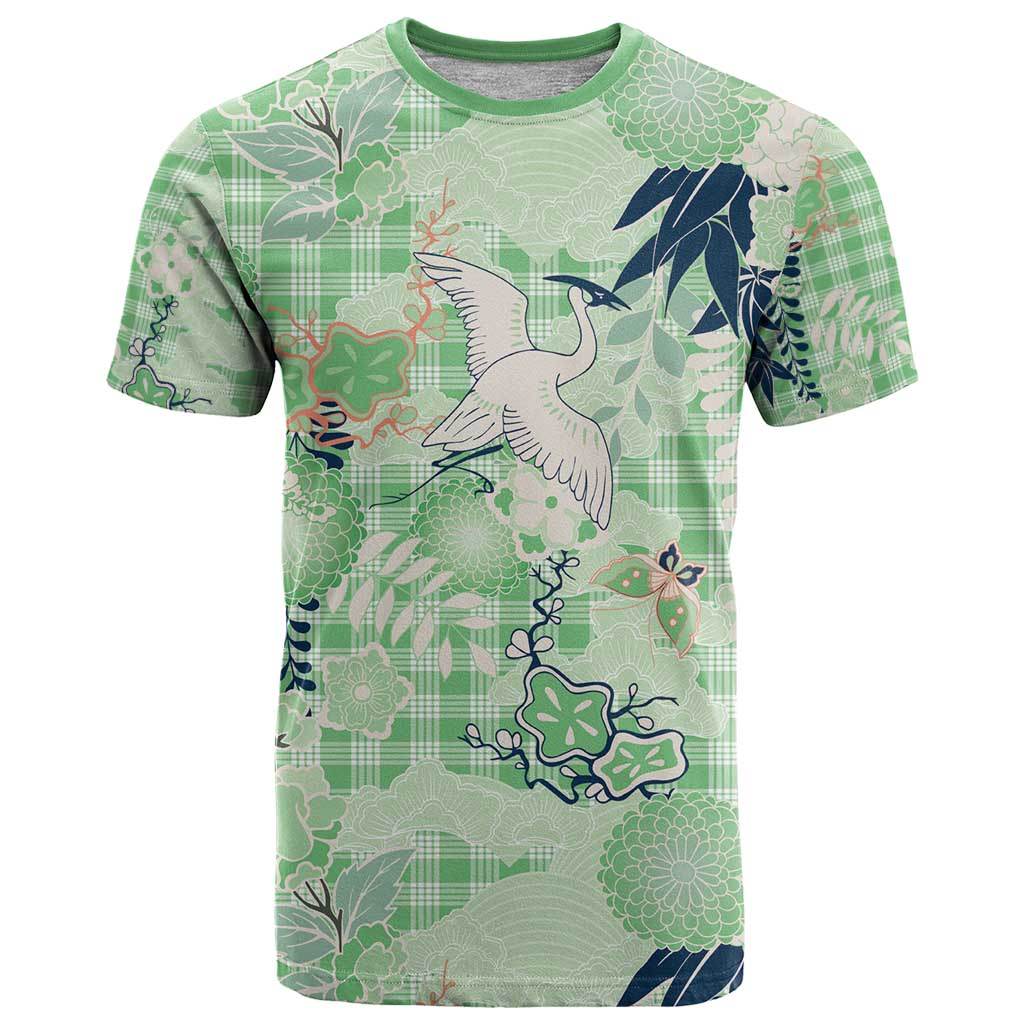 Green Palaka Crane and Flowers T Shirt Japan Heritage Spirit - Polynesian Pride