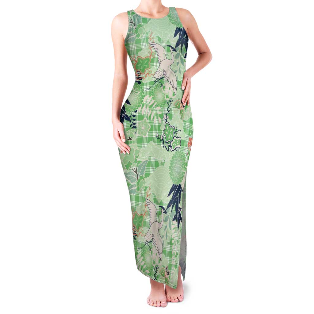 Green Palaka Crane and Flowers Tank Maxi Dress Japan Heritage Spirit -  Polynesian Pride