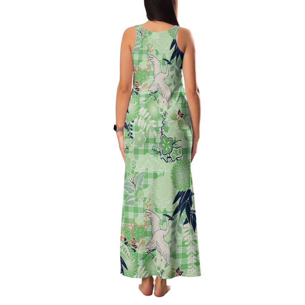 Green Palaka Crane and Flowers Tank Maxi Dress Japan Heritage Spirit - Polynesian Pride