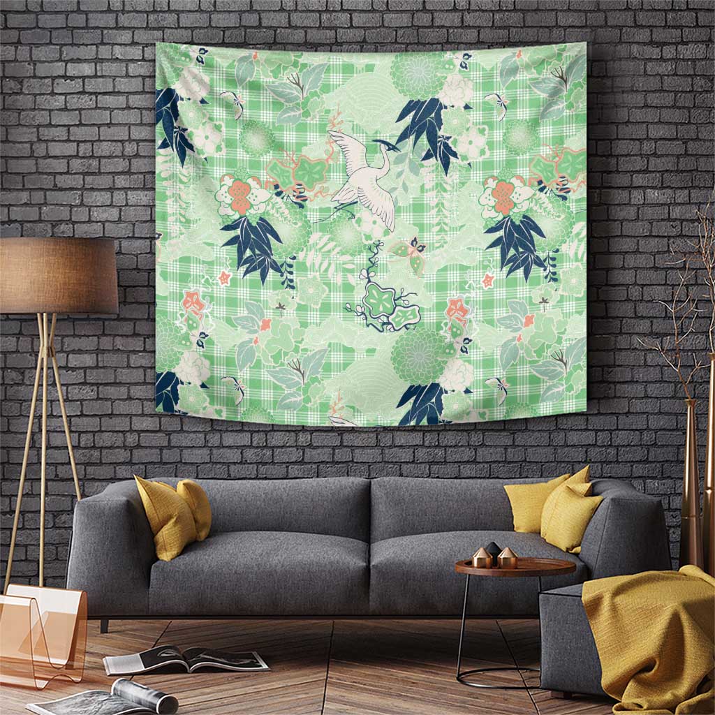 Green Palaka Crane and Flowers Tapestry Japan Heritage Spirit LT9 Green - Polynesian Pride