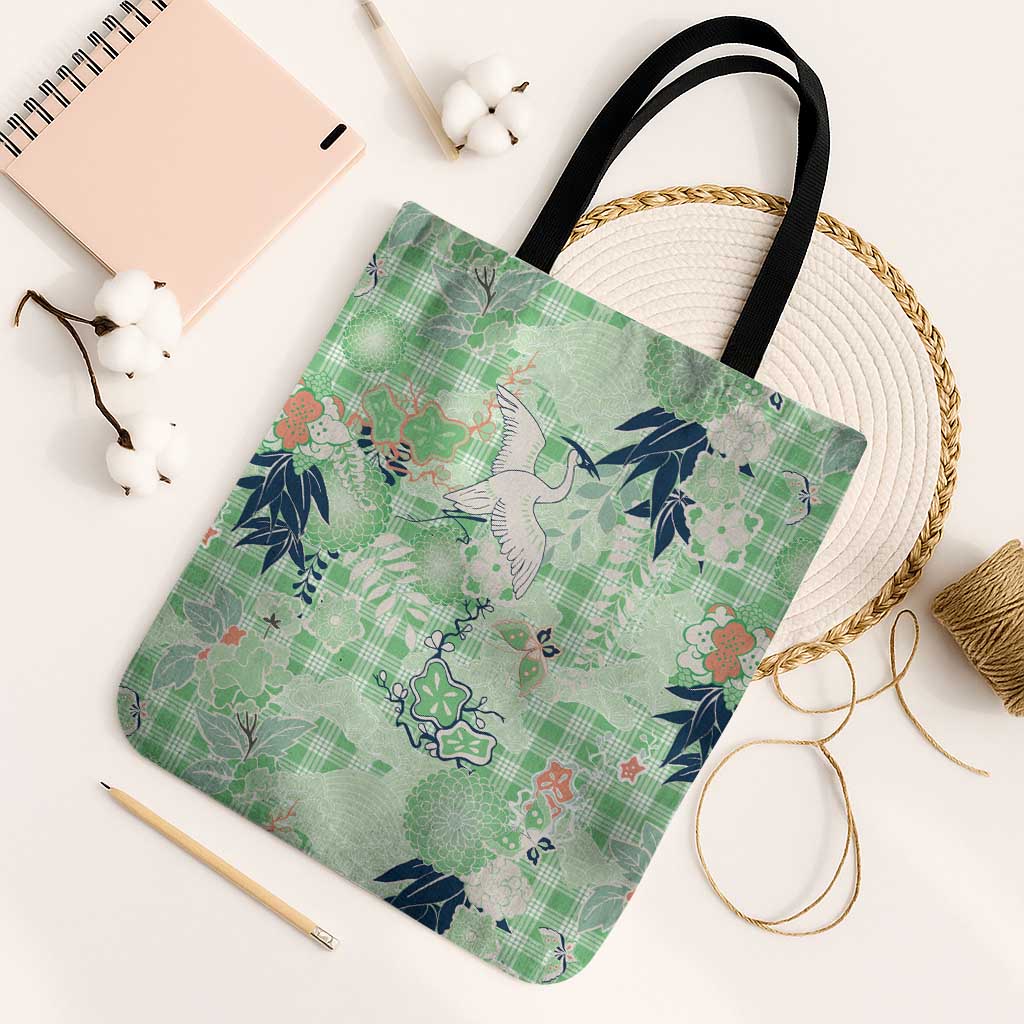 Green Palaka Crane and Flowers Tote Bag Japan Heritage Spirit LT9 Black Strap One Size Green - Polynesian Pride