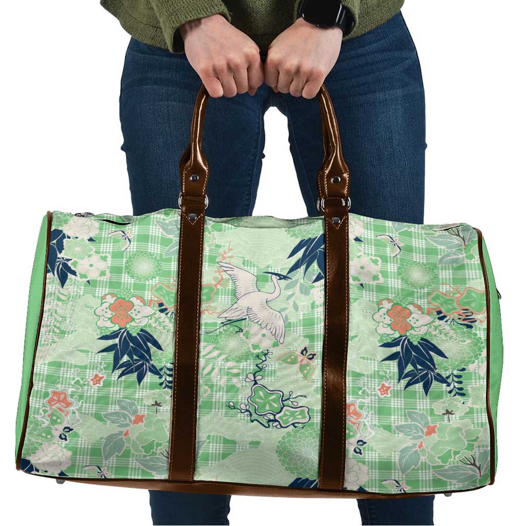 Green Palaka Crane and Flowers Travel Bag Japan Heritage Spirit LT9 Green - Polynesian Pride