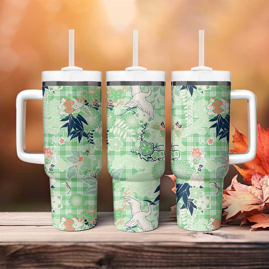 Green Palaka Crane and Flowers Tumbler With Handle Japan Heritage Spirit - Polynesian Pride