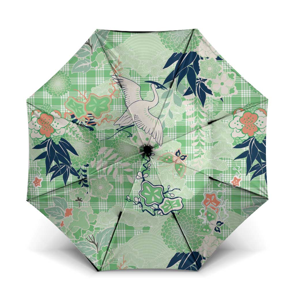Green Palaka Crane and Flowers Umbrella Japan Heritage Spirit LT9 One Size Folded 11.42 inch Opened Diameter 37.4 inch Green - Polynesian Pride
