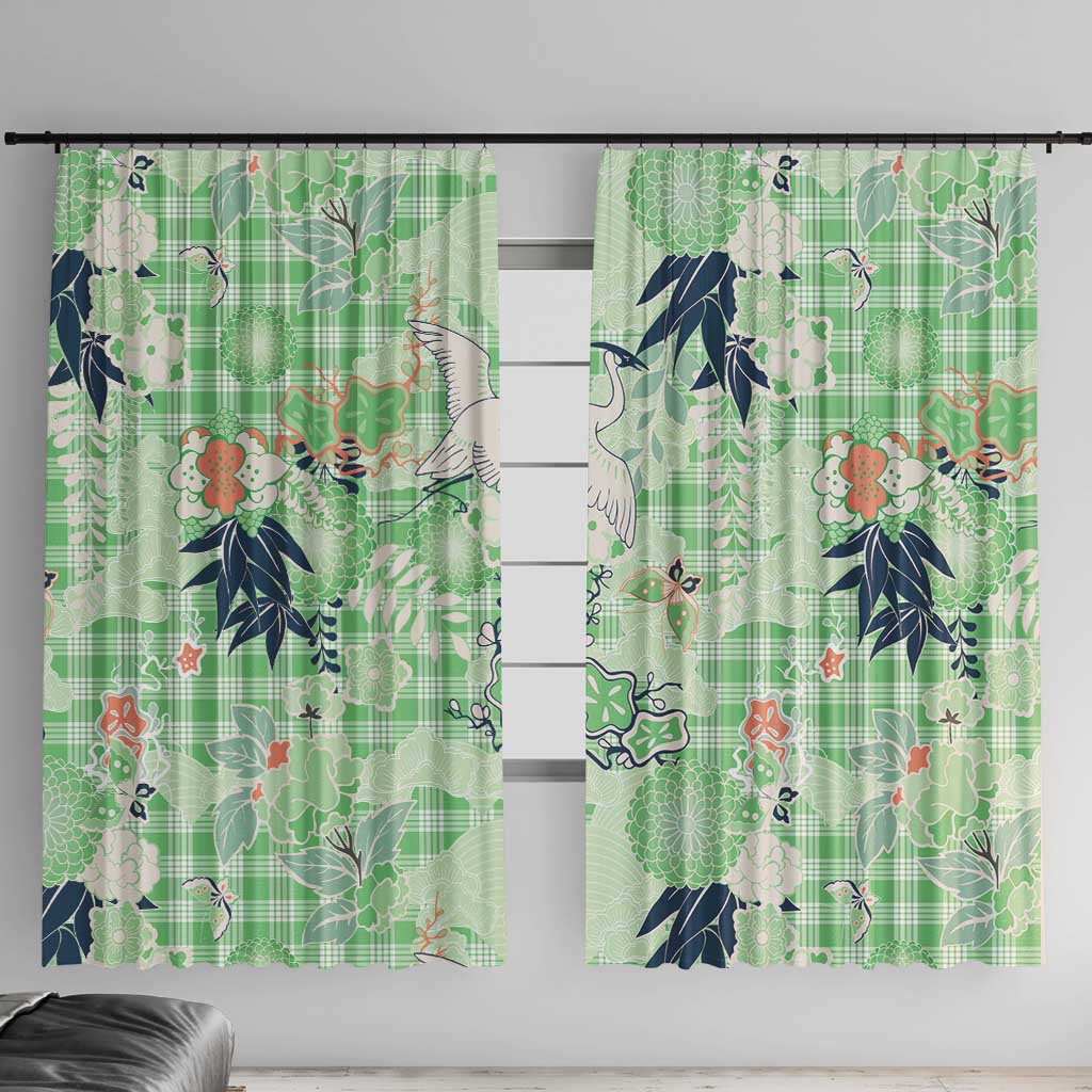 Green Palaka Crane and Flowers Window Curtain Japan Heritage Spirit LT9 With Hooks Green - Polynesian Pride