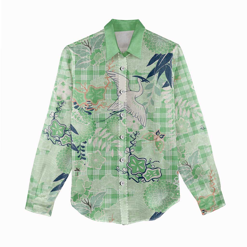 Green Palaka Crane and Flowers Women Casual Shirt Japan Heritage Spirit - Polynesian Pride