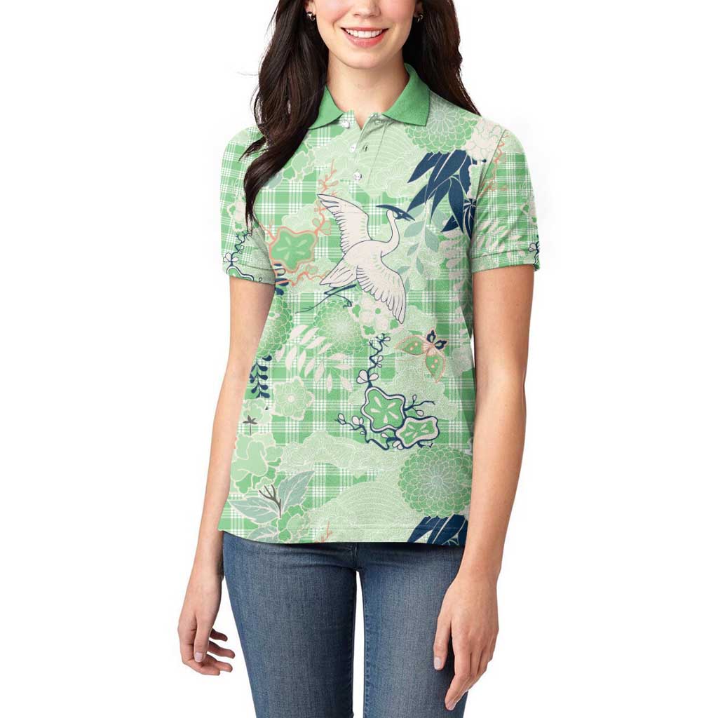 Green Palaka Crane and Flowers Women Polo Shirt Japan Heritage Spirit - Polynesian Pride