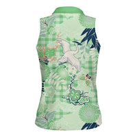 Green Palaka Crane and Flowers Women Sleeveless Polo Shirt Japan Heritage Spirit - Polynesian Pride