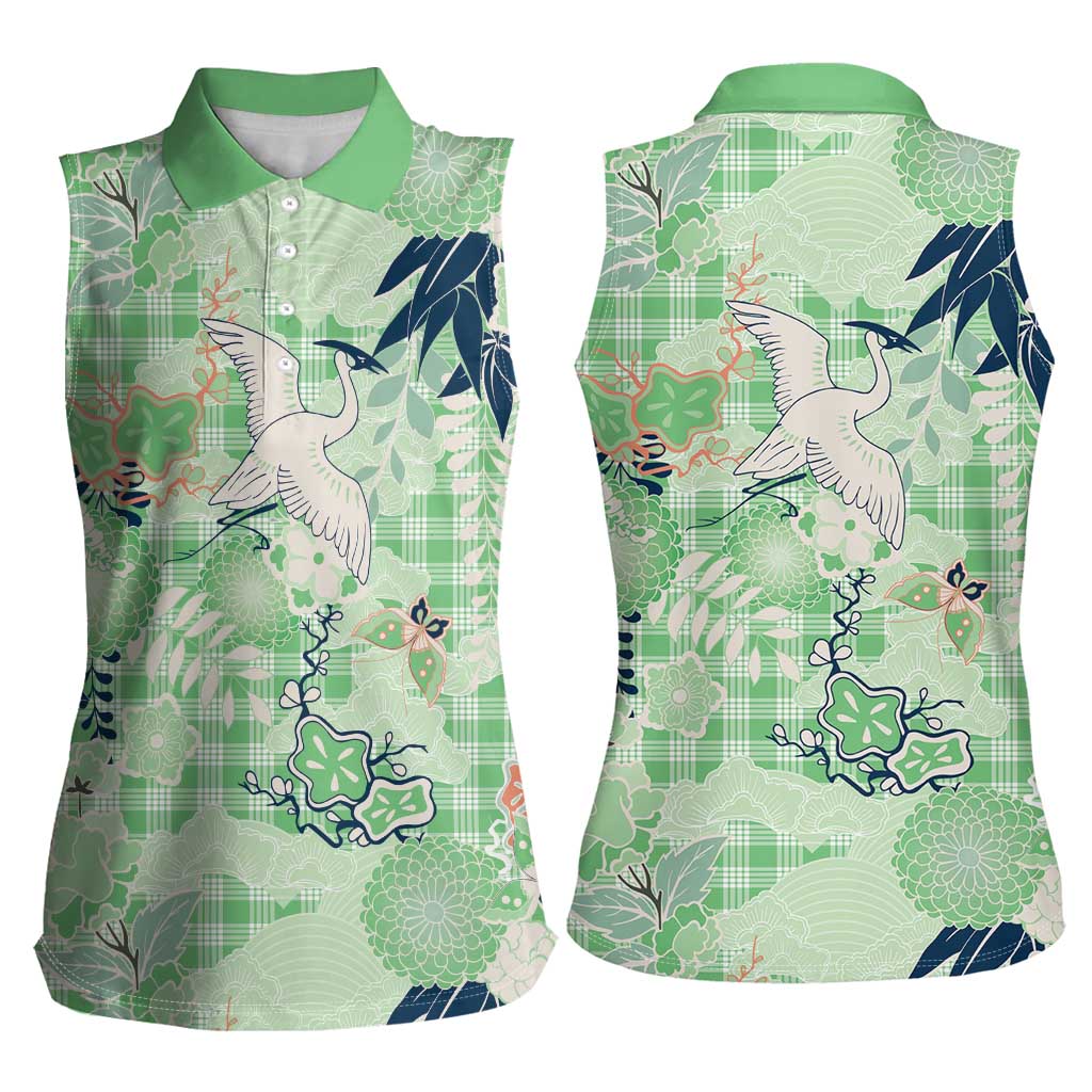 Green Palaka Crane and Flowers Women Sleeveless Polo Shirt Japan Heritage Spirit - Polynesian Pride