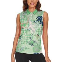 Green Palaka Crane and Flowers Women Sleeveless Polo Shirt Japan Heritage Spirit - Polynesian Pride