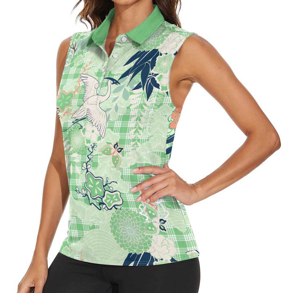 Green Palaka Crane and Flowers Women Sleeveless Polo Shirt Japan Heritage Spirit - Polynesian Pride