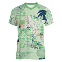 Green Palaka Crane and Flowers Women V-Neck T-Shirt Japan Heritage Spirit - Polynesian Pride