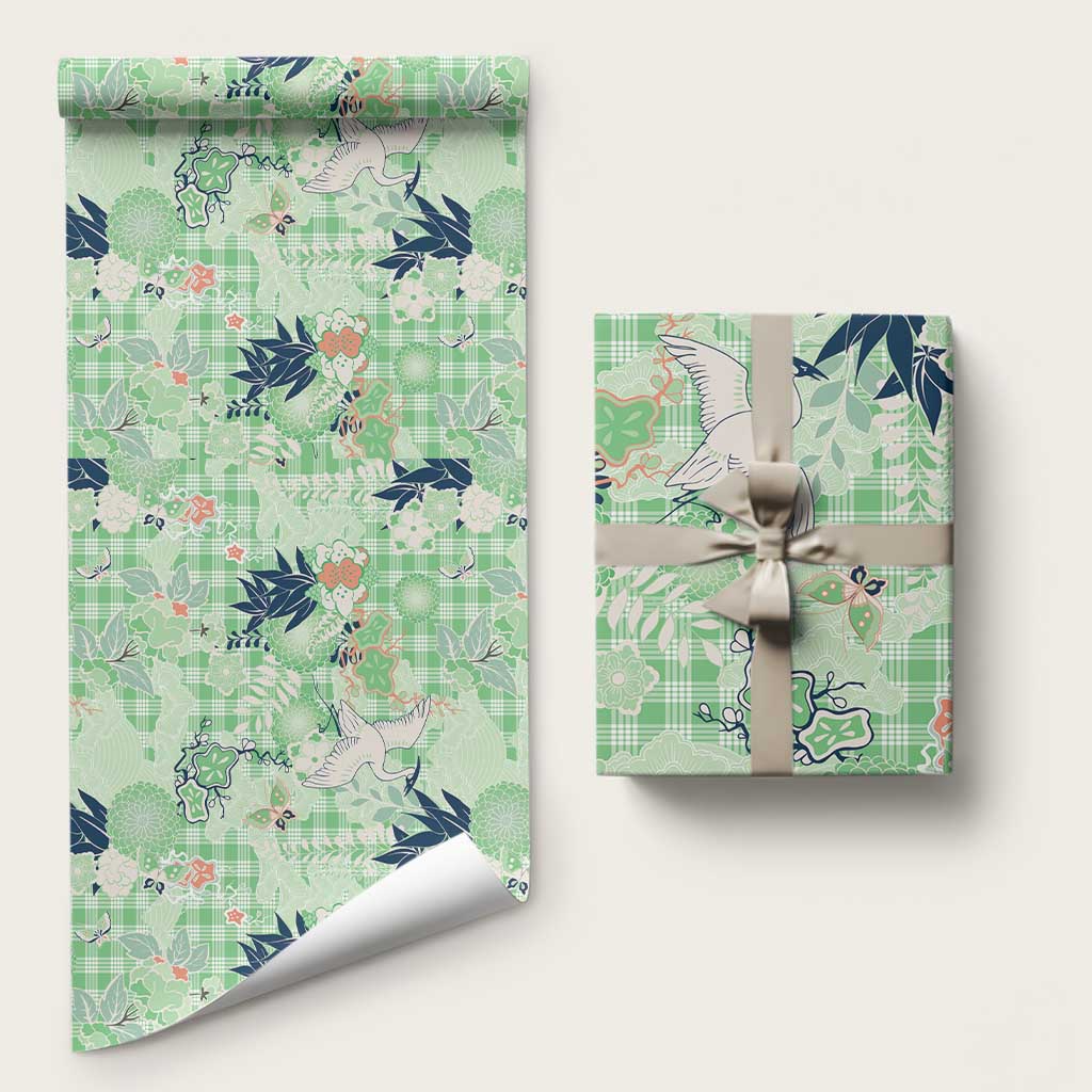 Green Palaka Crane and Flowers Wrapping Paper Japan Heritage Spirit - Polynesian Pride