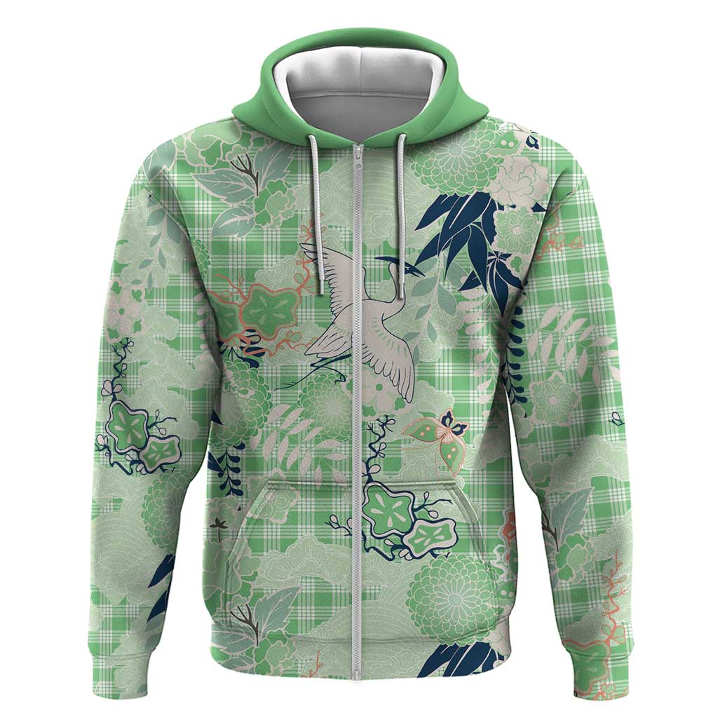 Green Palaka Crane and Flowers Zip Hoodie Japan Heritage Spirit LT9 Zip Hoodie Green - Polynesian Pride