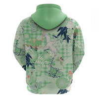 Green Palaka Crane and Flowers Zip Hoodie Japan Heritage Spirit - Polynesian Pride