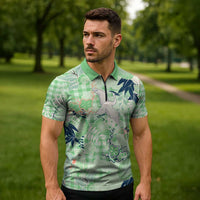 Green Palaka Crane and Flowers Zipper Polo Shirt Japan Heritage Spirit - Polynesian Pride