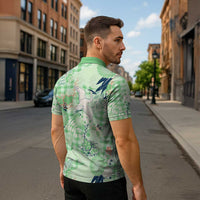 Green Palaka Crane and Flowers Zipper Polo Shirt Japan Heritage Spirit - Polynesian Pride