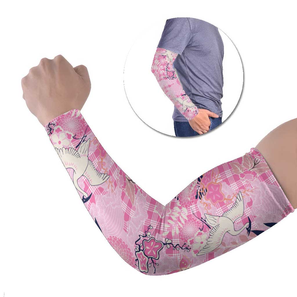 Pink Palaka Crane and Flowers Arm Sleeves Japan Heritage Spirit LT9 Set of 2 Pink - Polynesian Pride