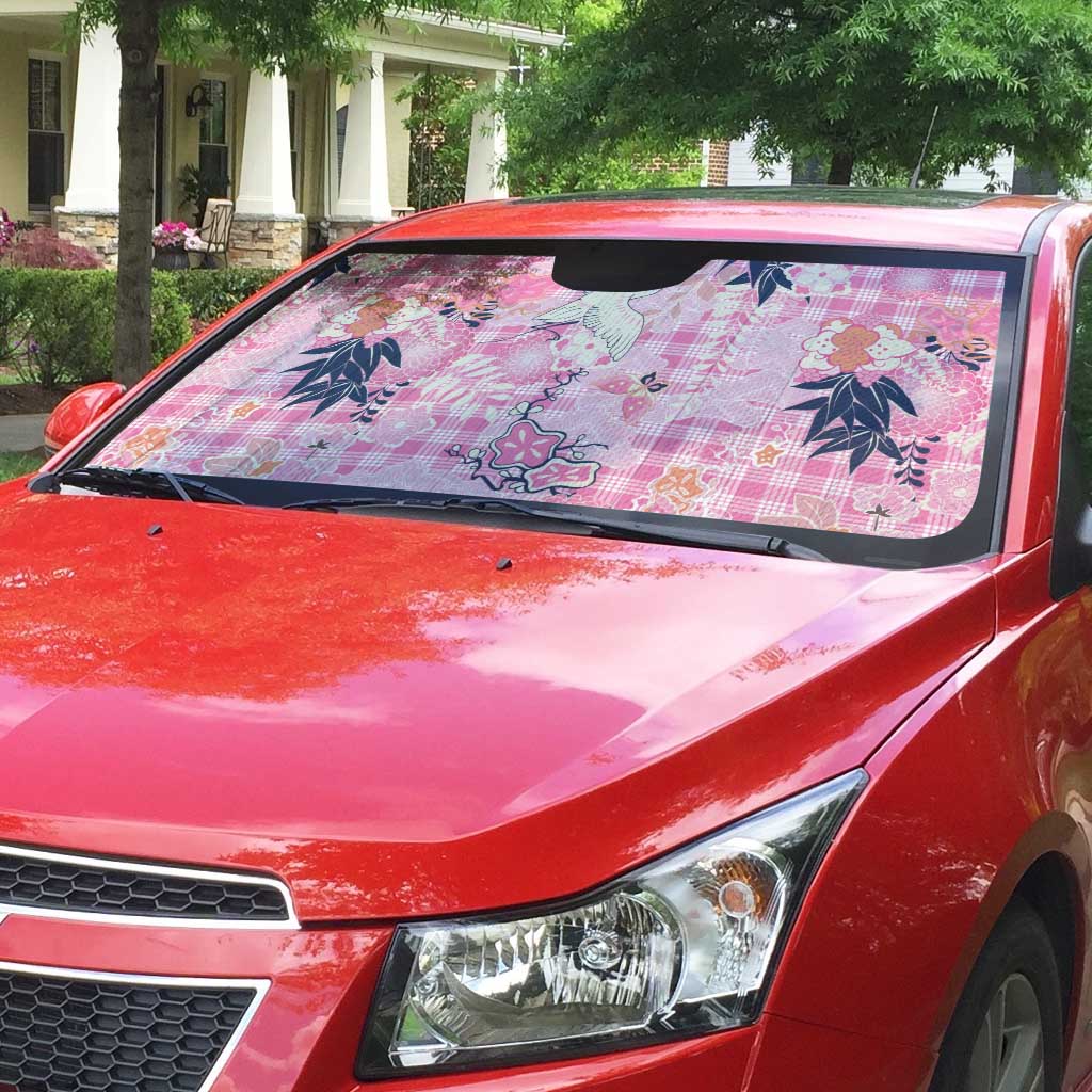 Pink Palaka Crane and Flowers Auto Sun Shade Japan Heritage Spirit - Polynesian Pride