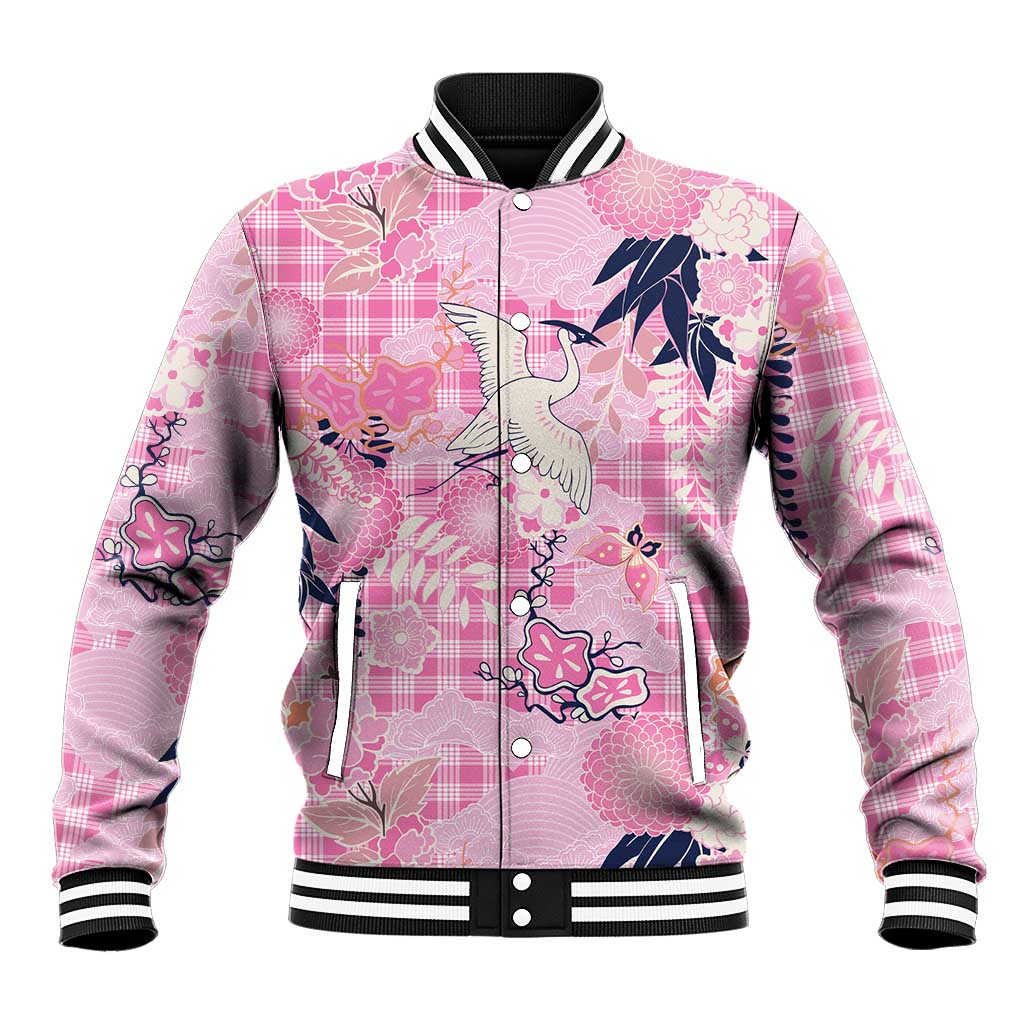 Pink Palaka Crane and Flowers Baseball Jacket Japan Heritage Spirit - Polynesian Pride