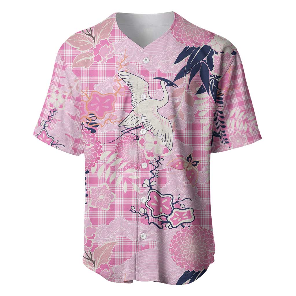 Pink Palaka Crane and Flowers Baseball Jersey Japan Heritage Spirit - Polynesian Pride