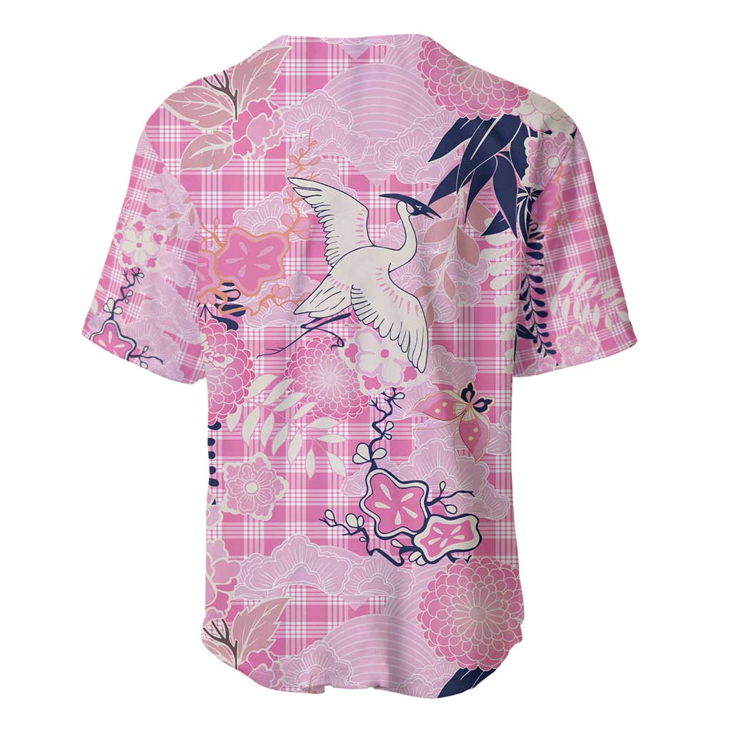 Pink Palaka Crane and Flowers Baseball Jersey Japan Heritage Spirit - Polynesian Pride
