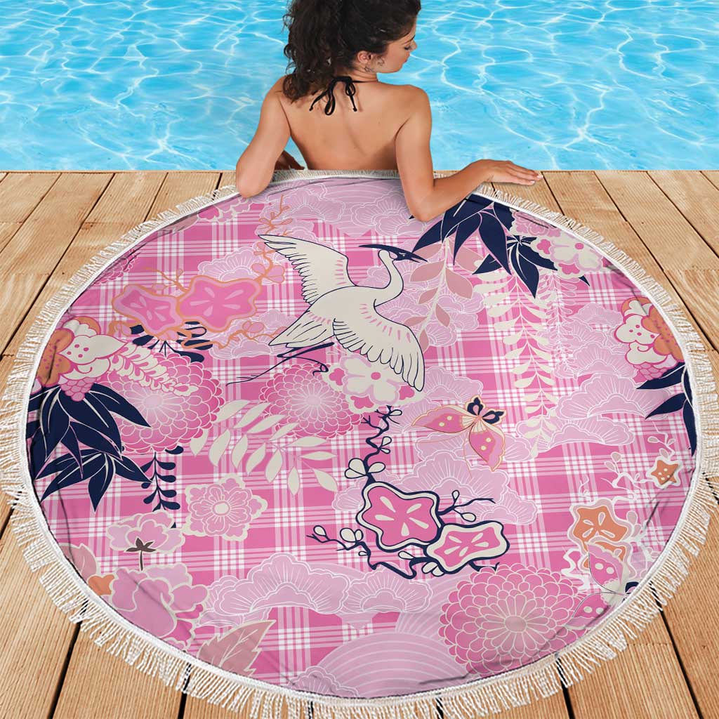 Pink Palaka Crane and Flowers Beach Blanket Japan Heritage Spirit - Polynesian Pride