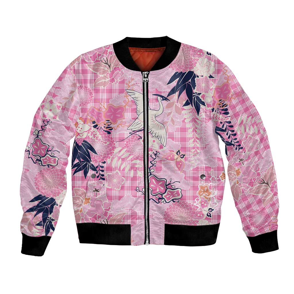 Pink Palaka Crane and Flowers Bomber Jacket Japan Heritage Spirit LT9 Unisex Pink - Polynesian Pride
