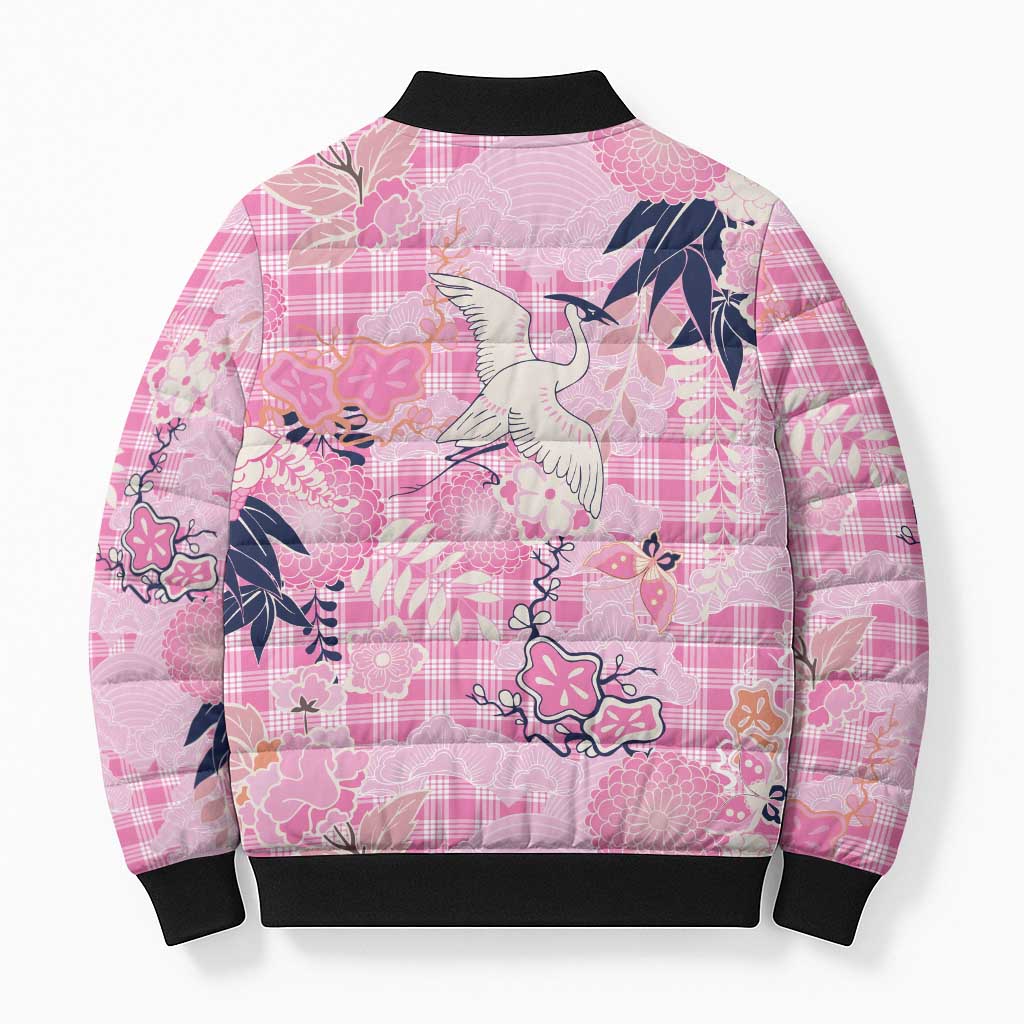 Pink Palaka Crane and Flowers Bomber Puffer Jacket Japan Heritage Spirit LT9 - Polynesian Pride
