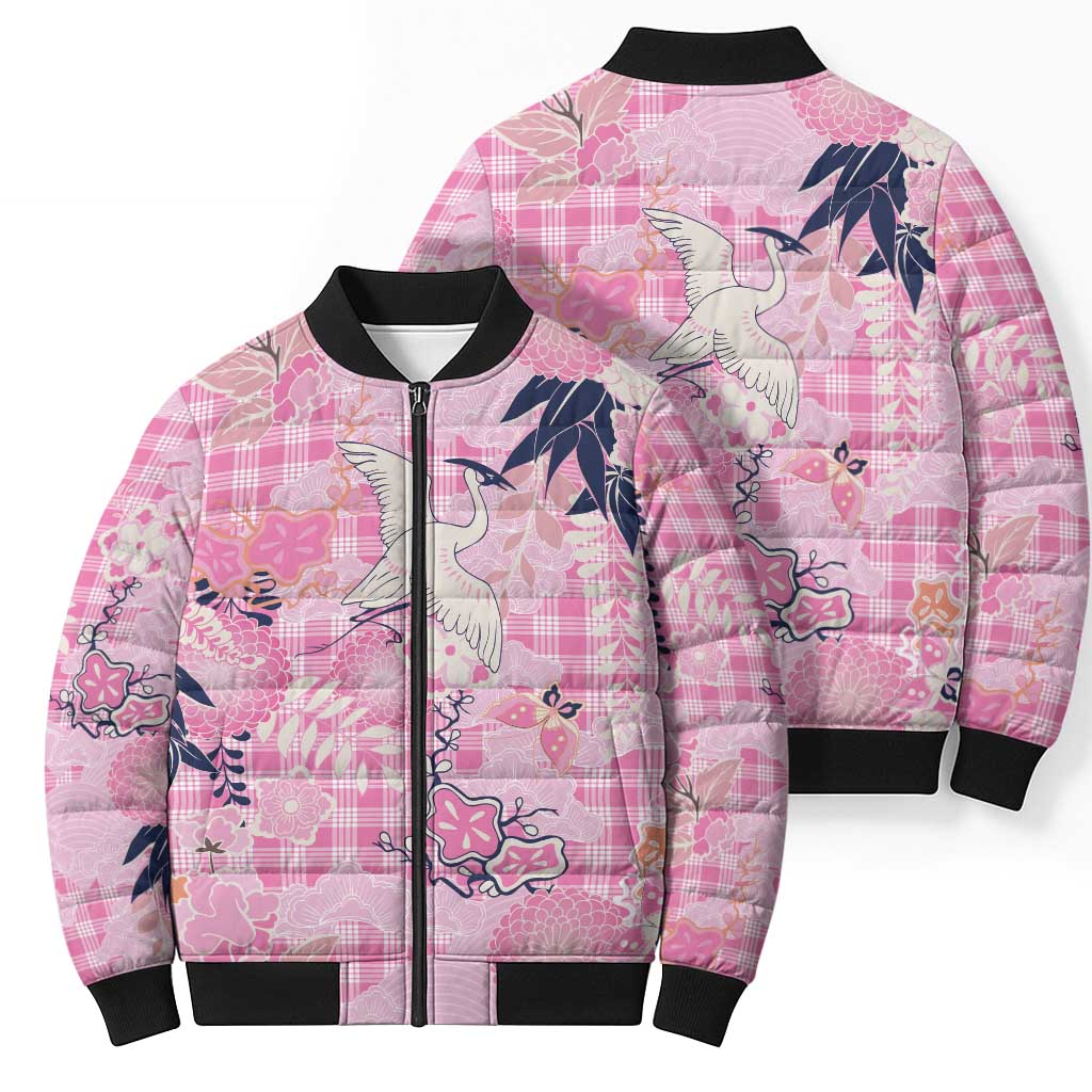Pink Palaka Crane and Flowers Bomber Puffer Jacket Japan Heritage Spirit LT9 - Polynesian Pride