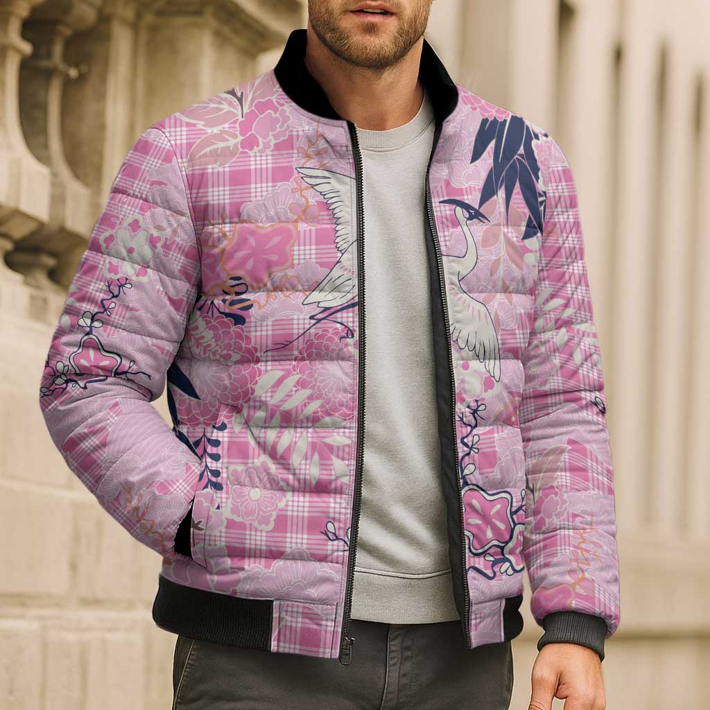 Pink Palaka Crane and Flowers Bomber Puffer Jacket Japan Heritage Spirit LT9 - Polynesian Pride