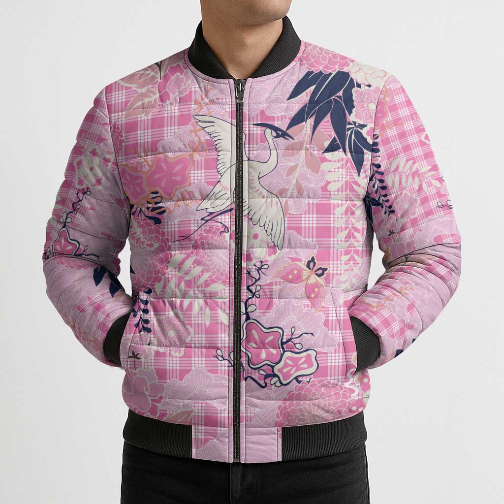 Pink Palaka Crane and Flowers Bomber Puffer Jacket Japan Heritage Spirit LT9 - Polynesian Pride