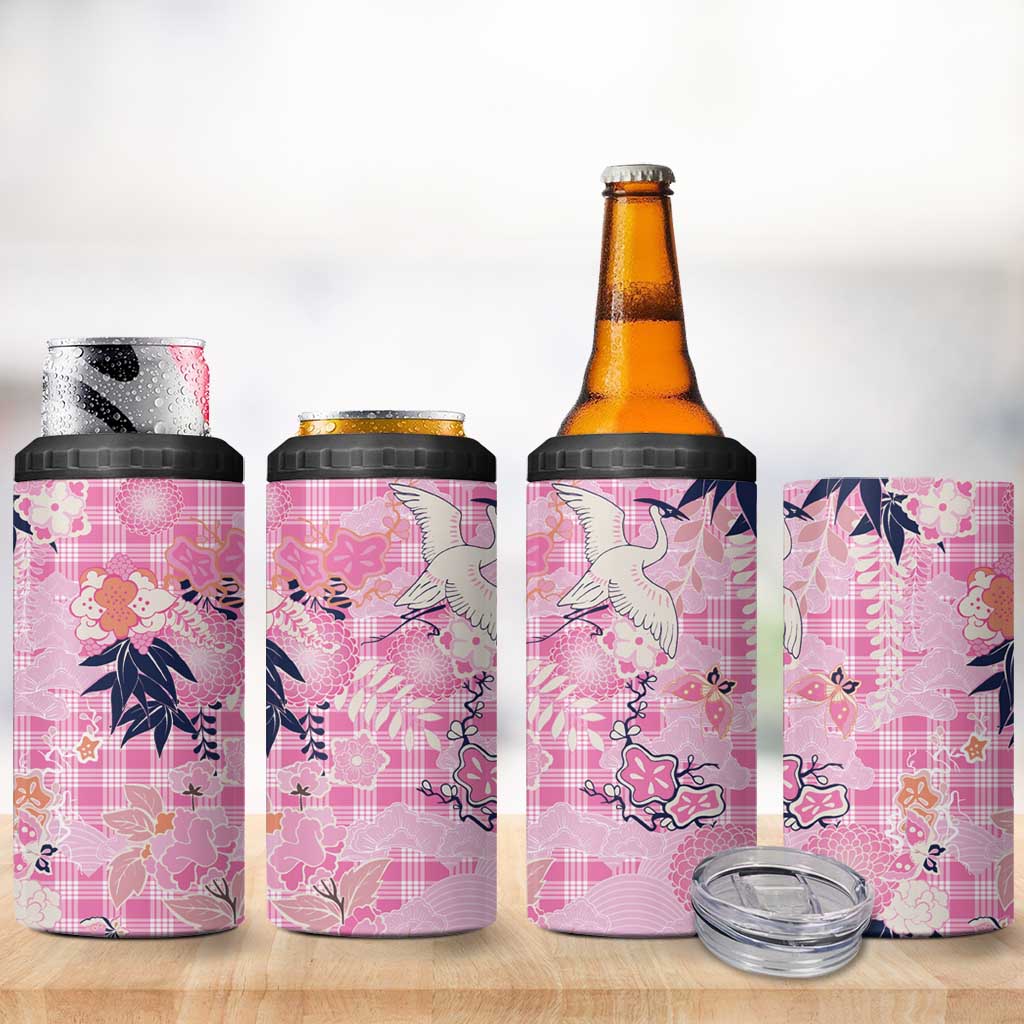 Pink Palaka Crane and Flowers 4 in 1 Can Cooler Tumbler Japan Heritage Spirit - Polynesian Pride