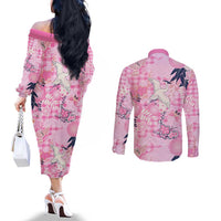 Pink Palaka Crane and Flowers Couples Matching Off The Shoulder Long Sleeve Dress and Long Sleeve Button Shirt Japan Heritage Spirit - Polynesian Pride