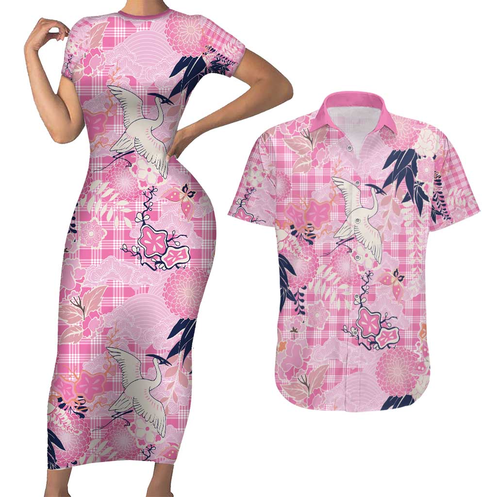 Pink Palaka Crane and Flowers Couples Matching Short Sleeve Bodycon Dress and Hawaiian Shirt Japan Heritage Spirit - Polynesian Pride