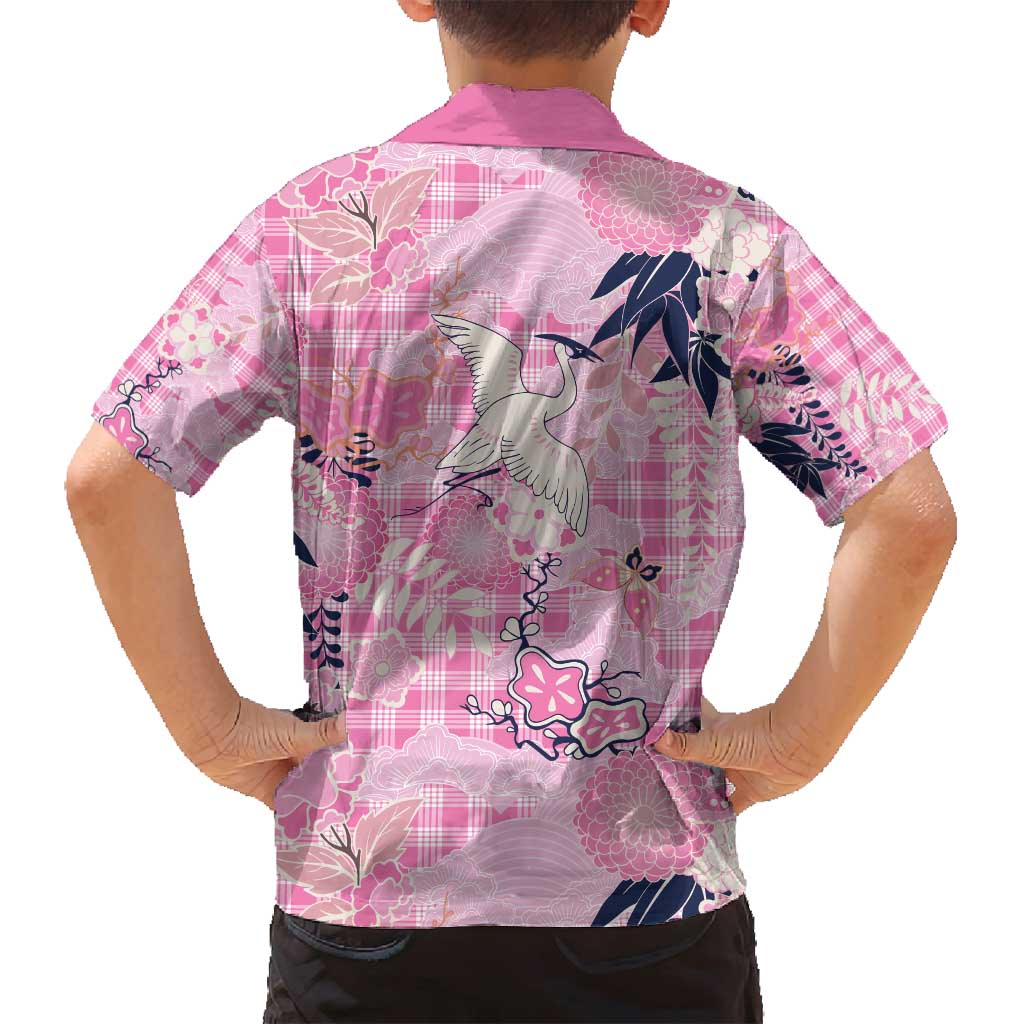 Pink Palaka Crane and Flowers Family Matching Long Sleeve Bodycon Dress and Hawaiian Shirt Japan Heritage Spirit - Polynesian Pride