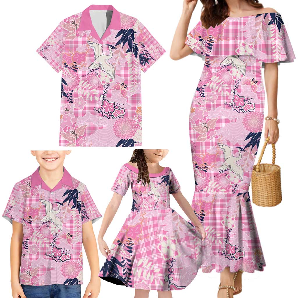 Pink Palaka Crane and Flowers Family Matching Mermaid Dress and Hawaiian Shirt Japan Heritage Spirit - Polynesian Pride