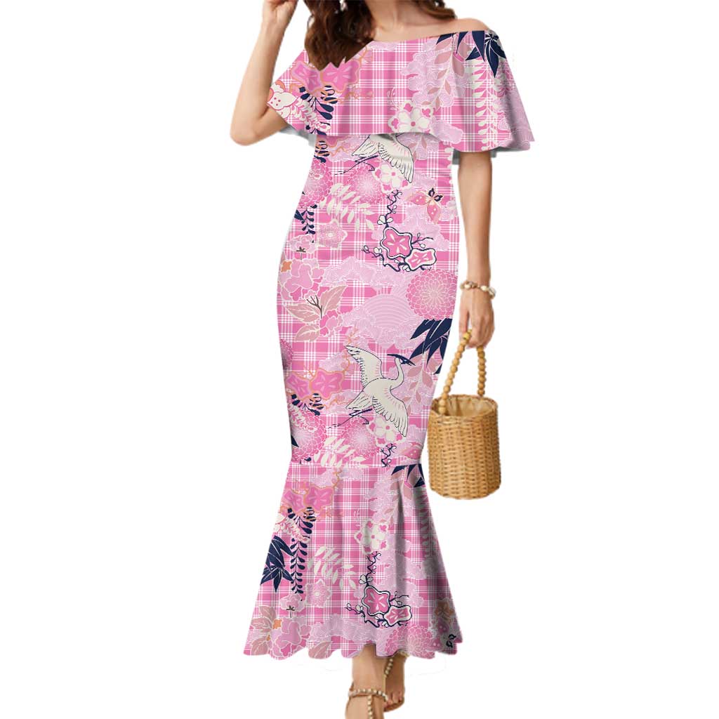 Pink Palaka Crane and Flowers Family Matching Mermaid Dress and Hawaiian Shirt Japan Heritage Spirit - Polynesian Pride