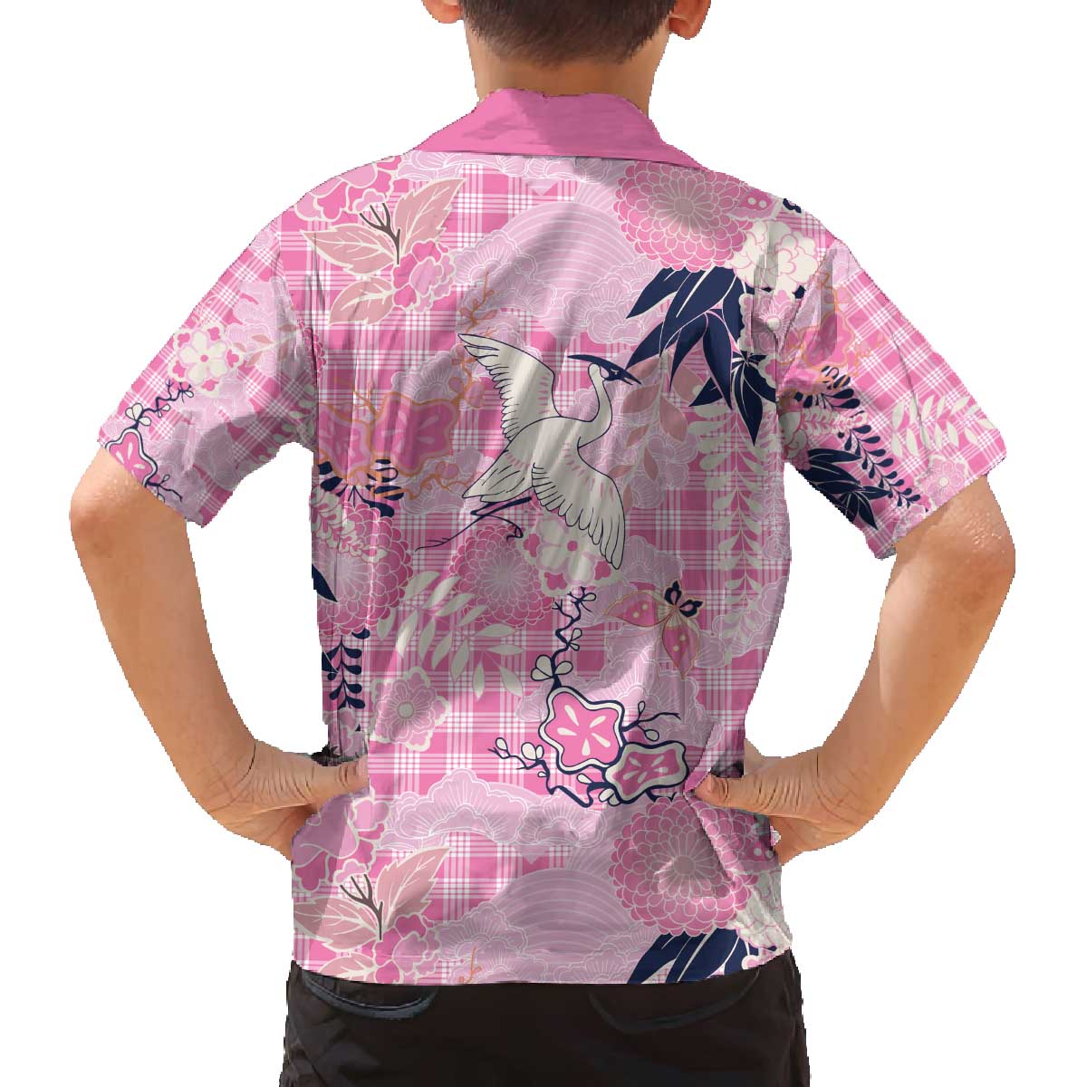 Pink Palaka Crane and Flowers Family Matching Off The Shoulder Long Sleeve Dress and Hawaiian Shirt Japan Heritage Spirit - Polynesian Pride
