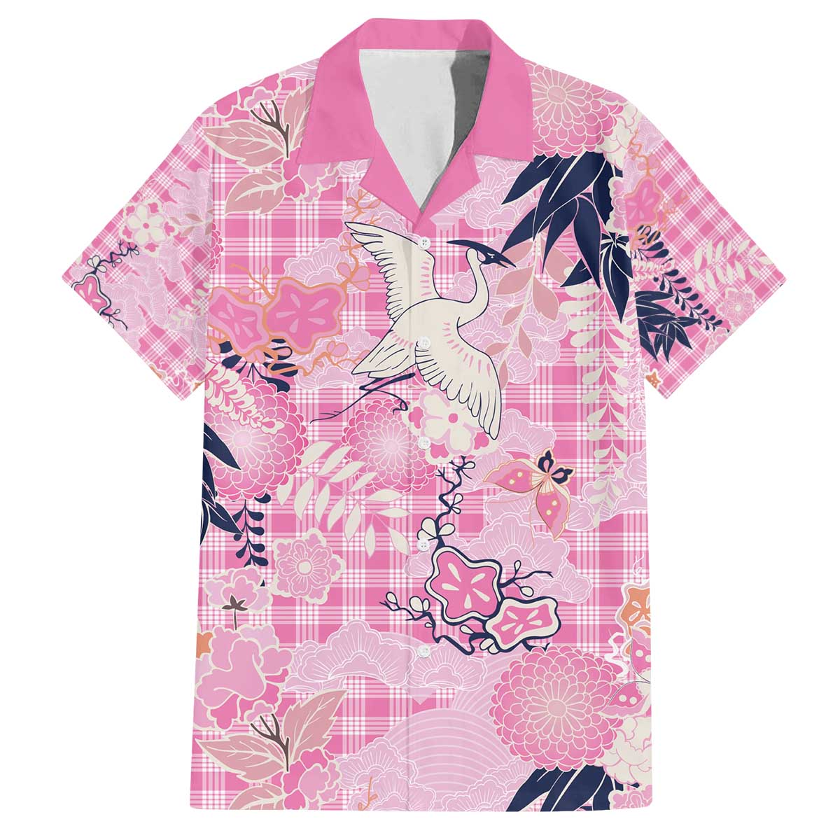 Pink Palaka Crane and Flowers Family Matching Off The Shoulder Long Sleeve Dress and Hawaiian Shirt Japan Heritage Spirit - Polynesian Pride
