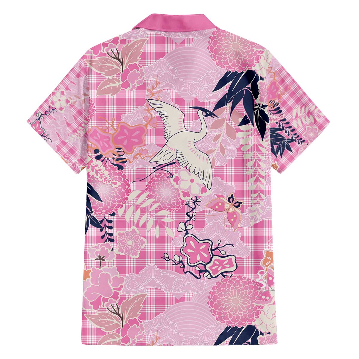 Pink Palaka Crane and Flowers Family Matching Off The Shoulder Long Sleeve Dress and Hawaiian Shirt Japan Heritage Spirit - Polynesian Pride