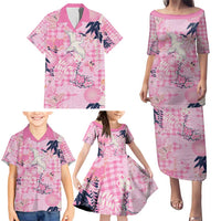 Pink Palaka Crane and Flowers Family Matching Puletasi and Hawaiian Shirt Japan Heritage Spirit - Polynesian Pride