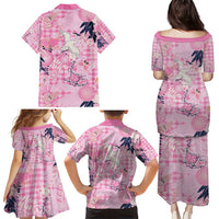 Pink Palaka Crane and Flowers Family Matching Puletasi and Hawaiian Shirt Japan Heritage Spirit - Polynesian Pride