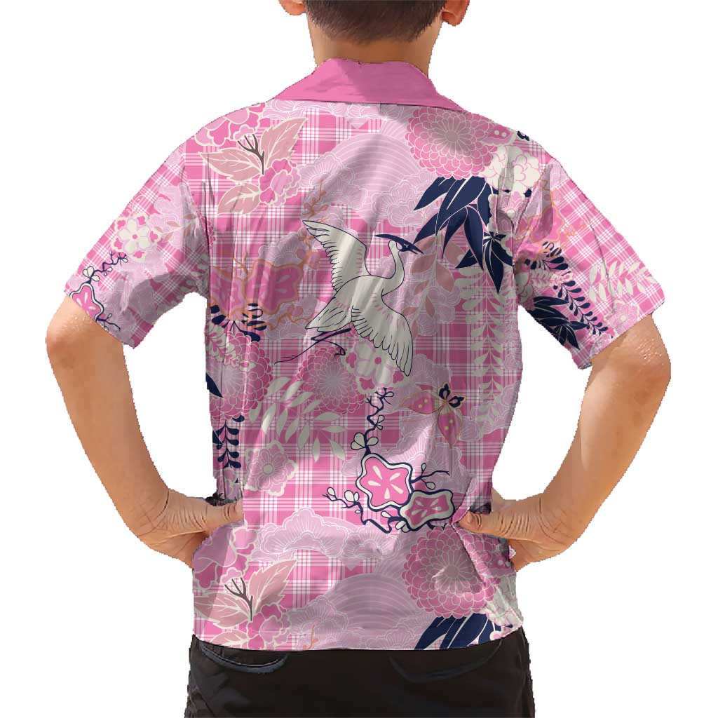 Pink Palaka Crane and Flowers Family Matching Short Sleeve Bodycon Dress and Hawaiian Shirt Japan Heritage Spirit - Polynesian Pride