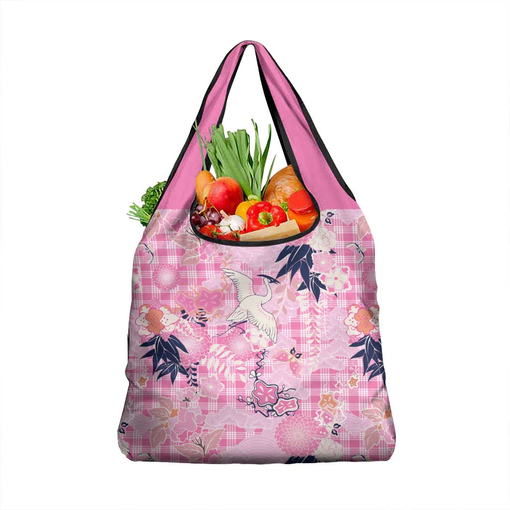 Pink Palaka Crane and Flowers Grocery Bag Japan Heritage Spirit LT9 1-pack One Size Pink - Polynesian Pride